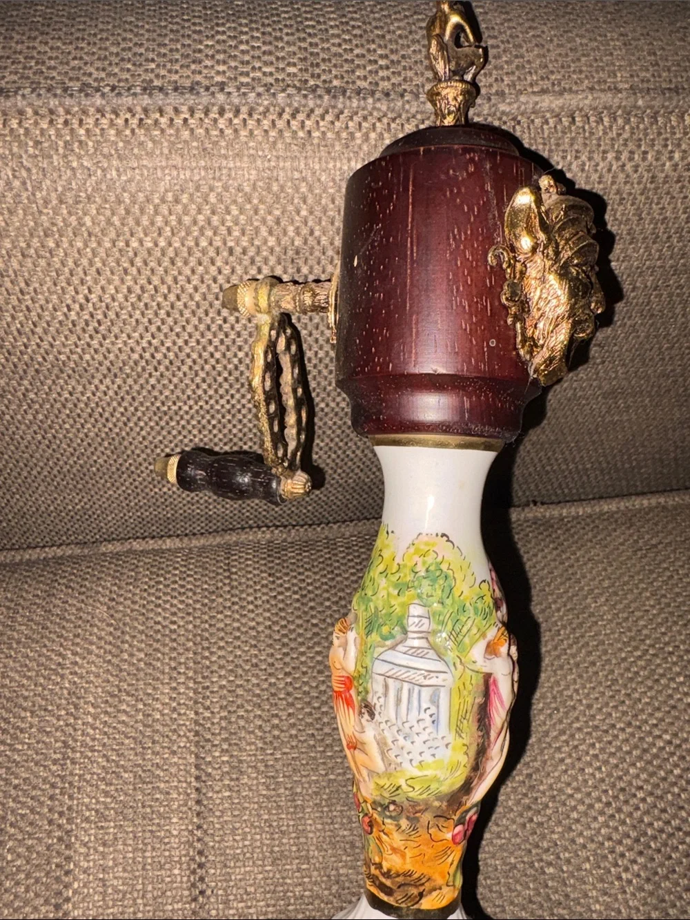 Rare find vintage Capodimonte musical pepper grinder.  Porcelain brass & wood.